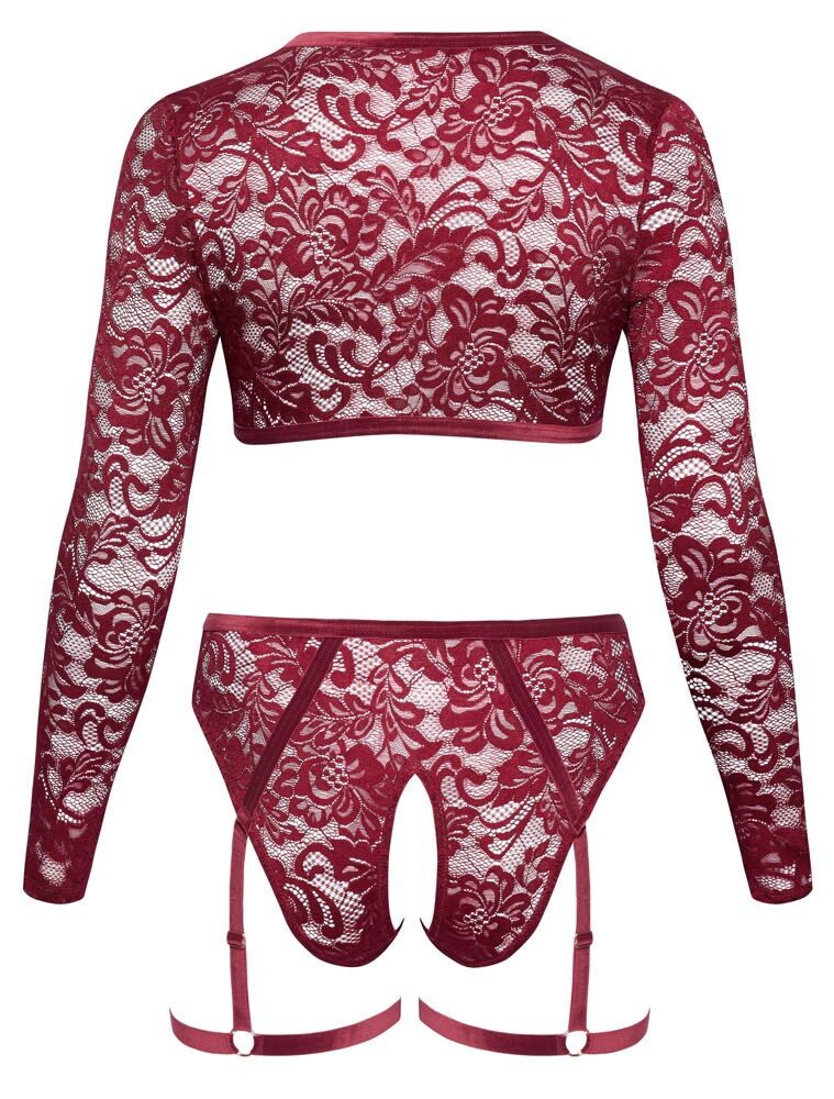 Cottelli CURVES Set: Bügelloser BH 2 tlg. Dessous-Set: Langarm-Top und Straps-Slip - rot (2-tlg) Abnehmbare Strapse mit Schenkelriemen