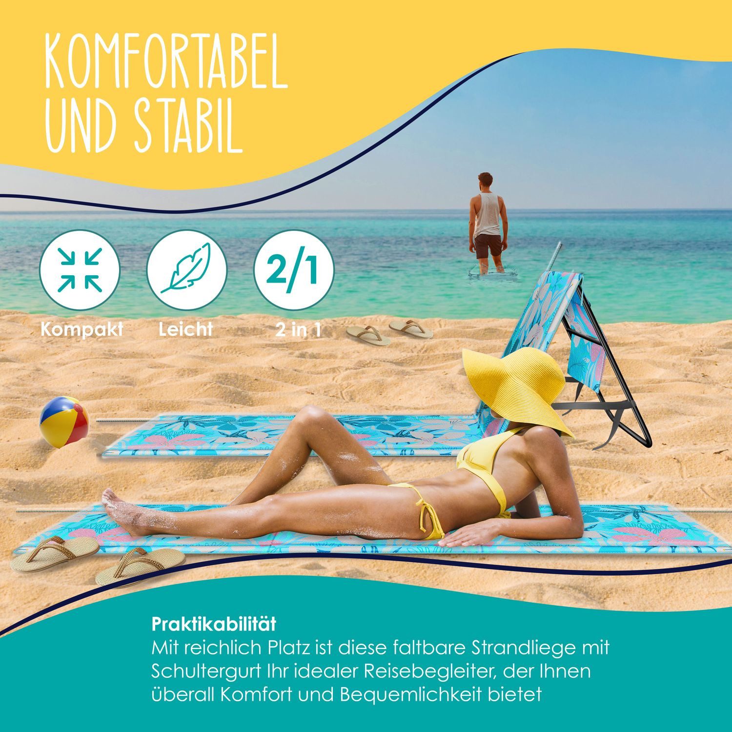 KESSER Gartenliege Strandmatte klappbar mit verstellbarer Rückenlehne max. 130 kg, 1 St., Strandliege mit Tragegurt, wasserdichter Handyhülle & Tragetasche, Sonnenliege faltbar für Strand, Garten & Terrasse Liegematte