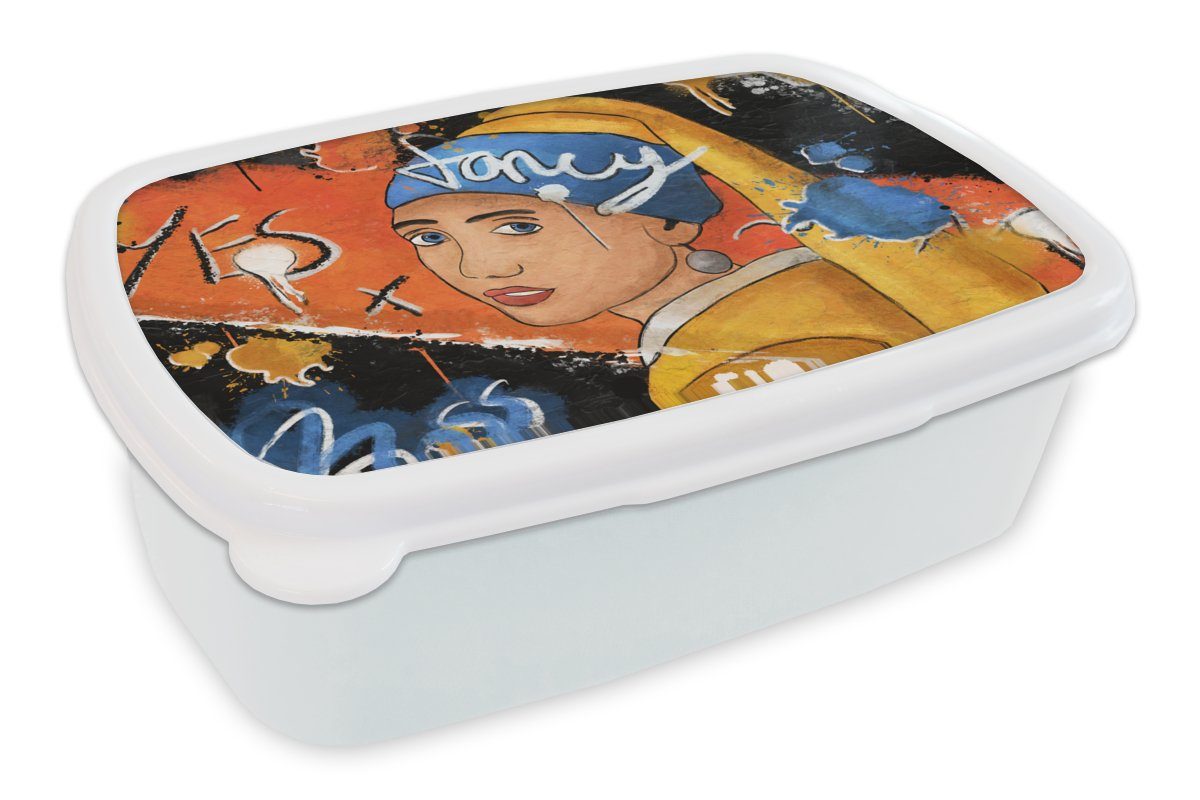 MuchoWow Lunchbox Das Mädchen mit dem Perlenohrring - Urban - Vermeer, Kunststoff, (2-tlg), Brotbox für Kinder und Erwachsene, Brotdose, für Jungs und Mädchen weiß