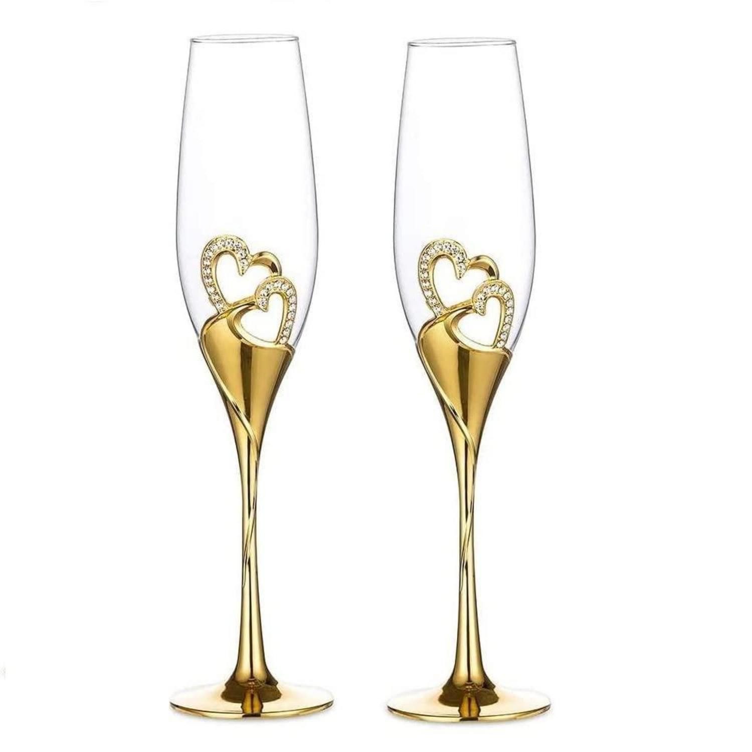 LuxusKollektion Champagnerglas Champagnergläser Set 2 Gold Strass Herz, Glas