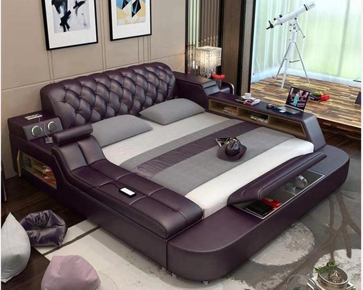 Xlmoebel Multimediabett Exklusives Polsterbett in Violett aus Leder mit Massagefunktion Sofort (1-tlg), Made in Europa