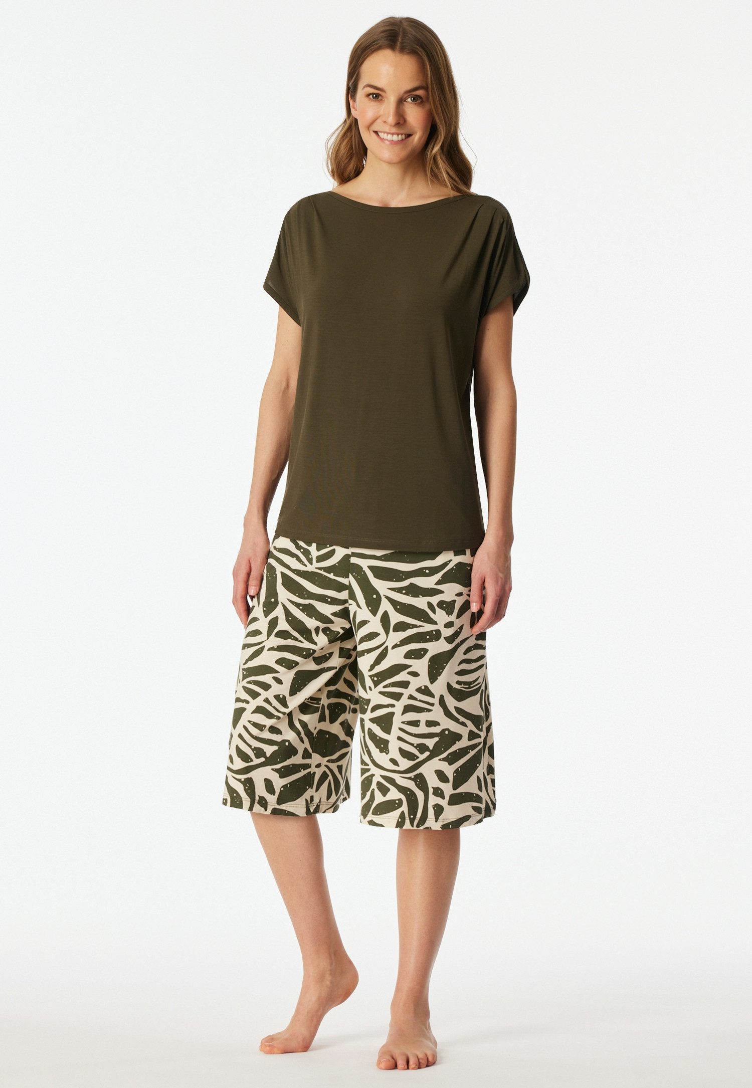 Schiesser Pyjama Selected Premium (2 tlg) U-Boot-Ausschnitt, 3/4-lange Hose im Culotte-Schnitt