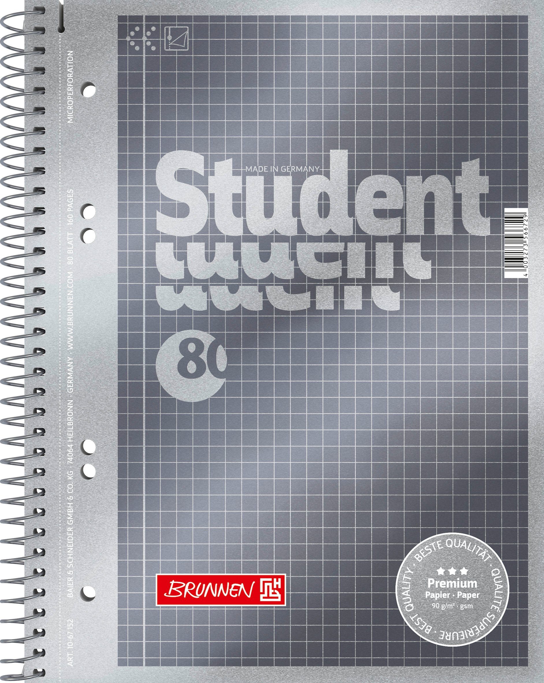 BRUNNEN Collegeblock Collegeblock Student Premium A5 5 mm kariert Deckblatt: anthrazit-meta