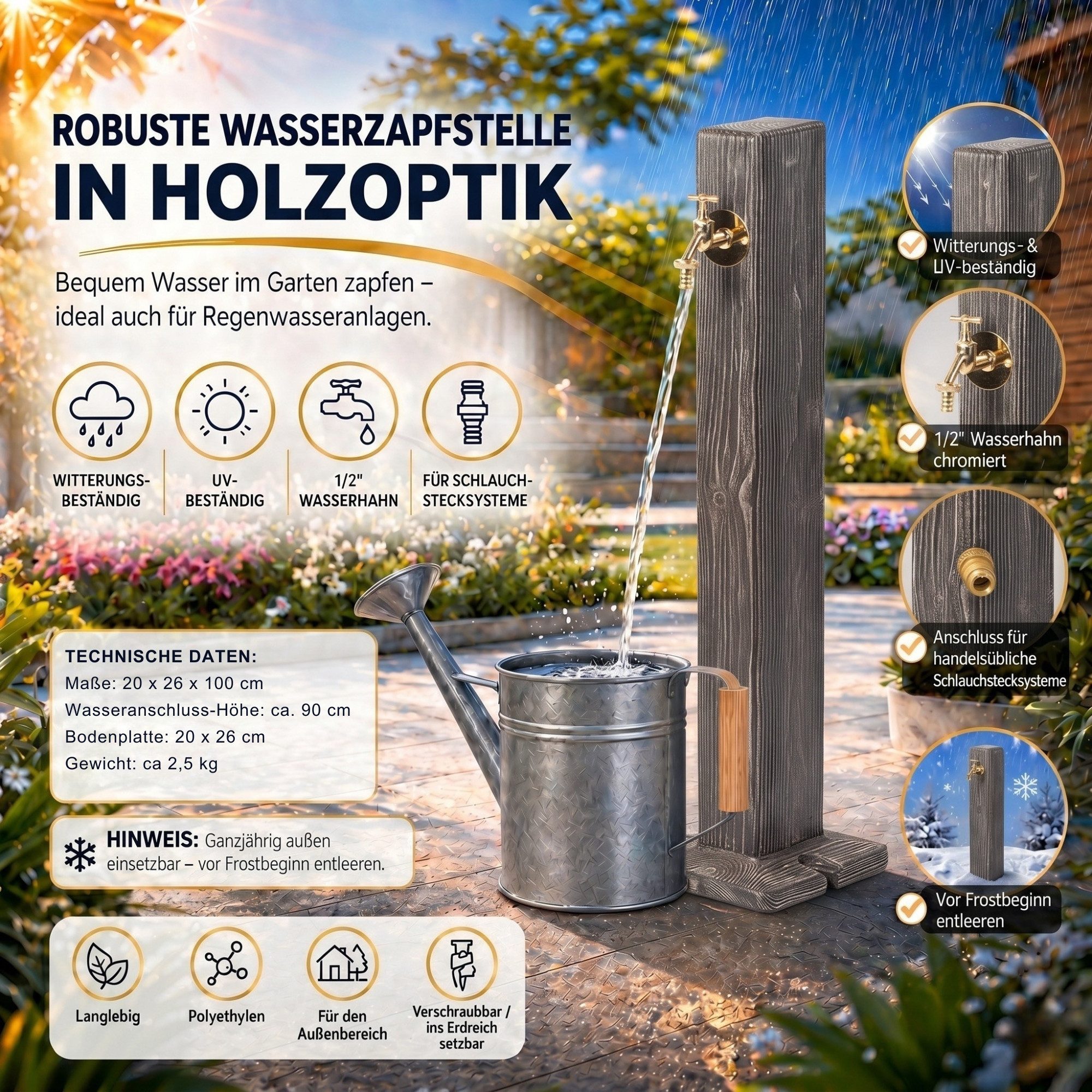 YourCasa Gartenbrunnen Forest Wassersäule Garten Holzoptik, Made in Europe, Holzoptik, Bodenplatte