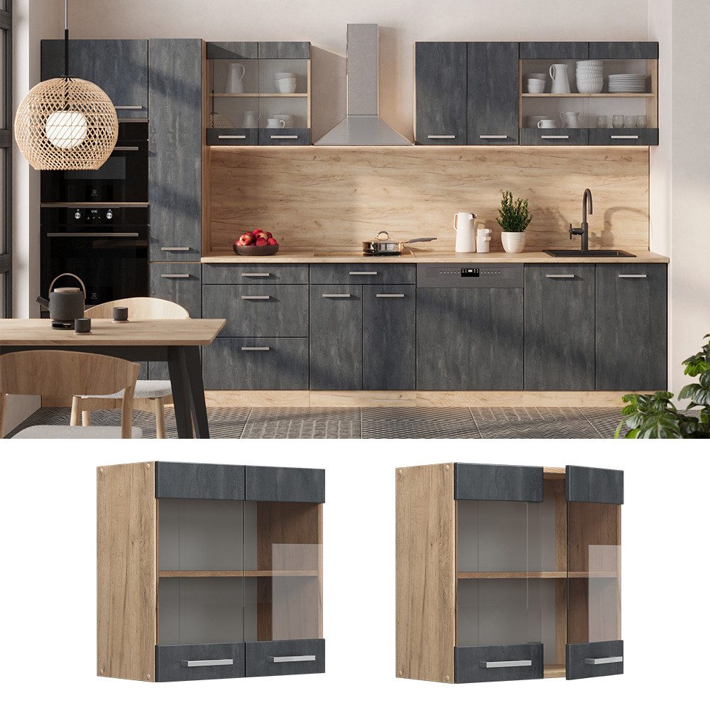 Vicco Glashängeschrank R-Line, Schwarz Beton/Goldkraft Eiche, günstig online kaufen