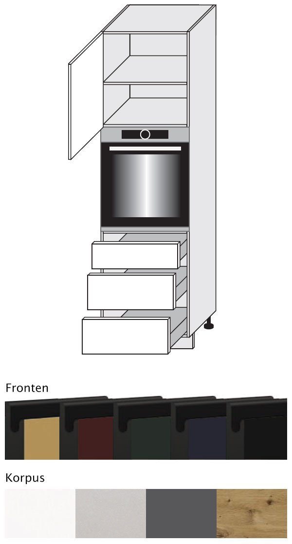 Schubladen Front- matt super Feldmann-Wohnen 3 Velden 1-türig grifflos Korpusfarbe smaragdgrün & 60cm wählbar Backofenumbauschrank