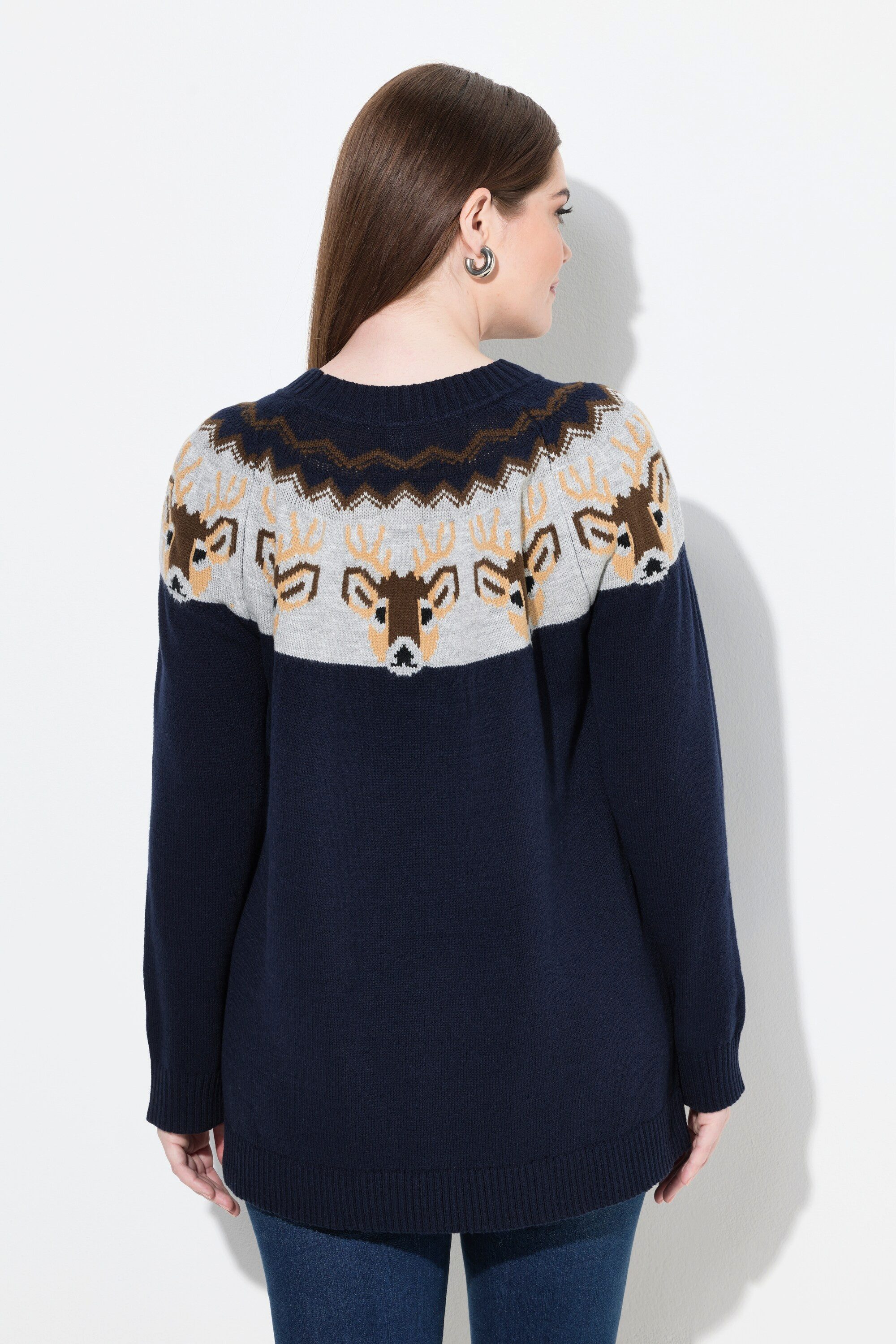 Ulla Popken Strickpullover Norweger-Pullover Rentiere Rundhals Langarm