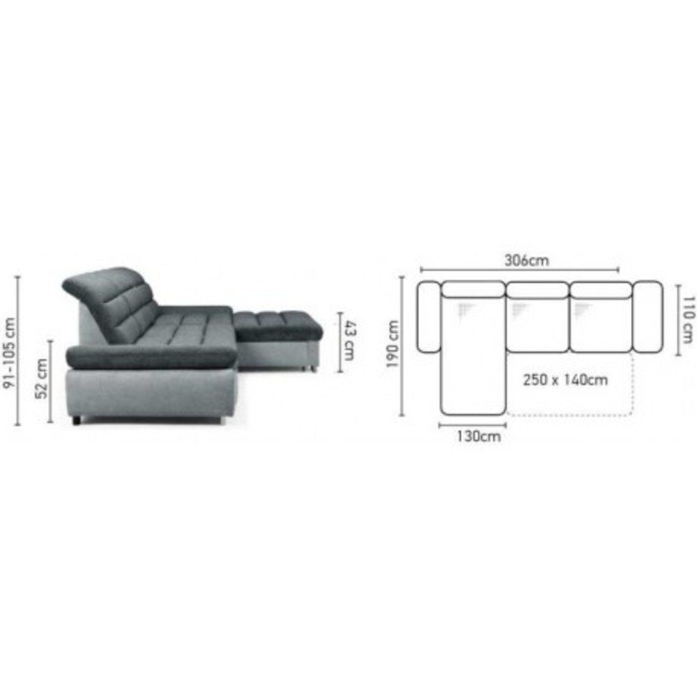 bestellbar, und frei Rückenteil- und Armlehnenverstellung, Modern rechts Bettkasten, inklusive stellbar, Relaxfunktion Raum Ecksofa L-Form, Design, Kopfteil-, Stylefy mit Romola, mane mit links im Bettfunktion Eckcouch, oder