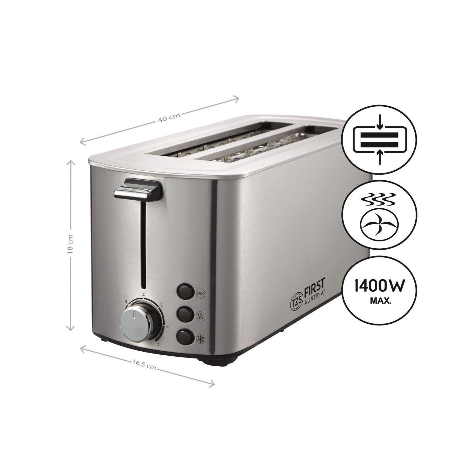 TZS FIRST AUSTRIA Toaster Langschlitz, Edelstahl, 4 Scheiben, 1400W, abnehmbare Brötchenaufsatz, für, 1400 W, Krümelschublade, Toast-Zentrierung, Anti-Fingerprint Beschichtung