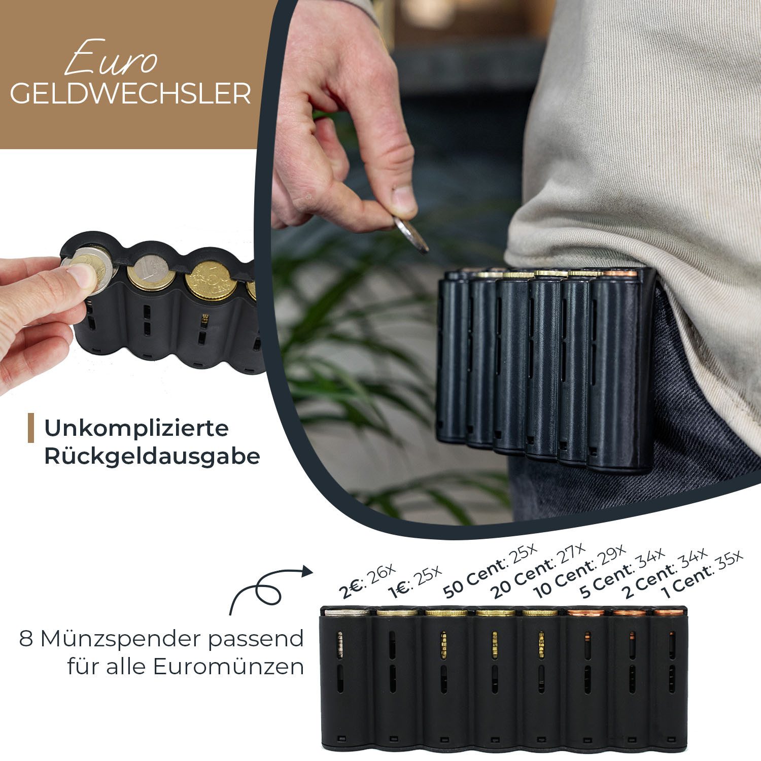 HMF Kellnerbörse Kellner Geldbörse mit verstellbarem Gürtel, Kellnertasche mit (inkl. Hüftgurt mit Clipverschluss), Euro-Geldwechsler und Reißverschlussfach, 20,5 x 10 x 6,5 cm, Schwarz