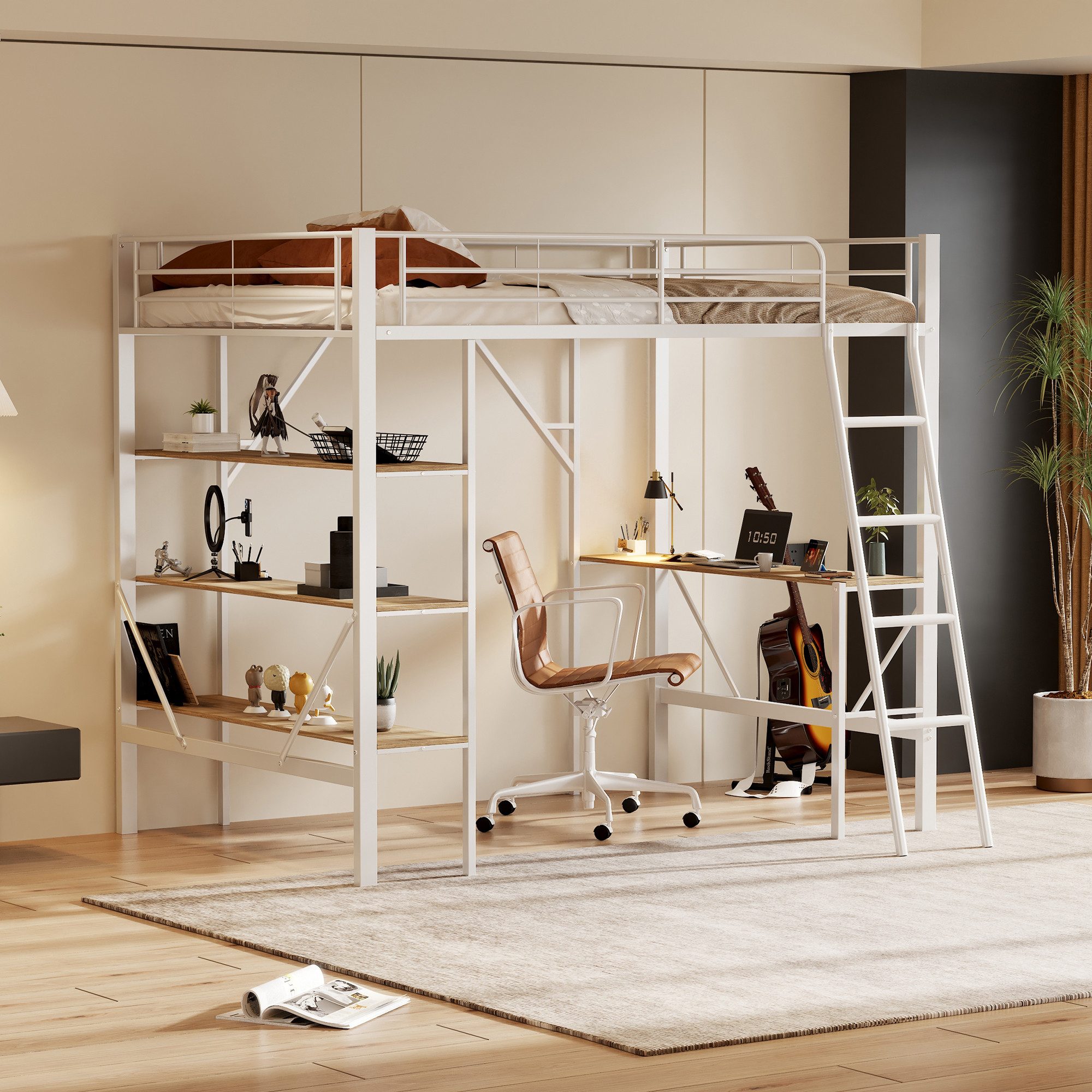 Merax Hochbett Kinderbett Metallbett 90x200cm mit Schreibtisch, Ablagen und günstig online kaufen