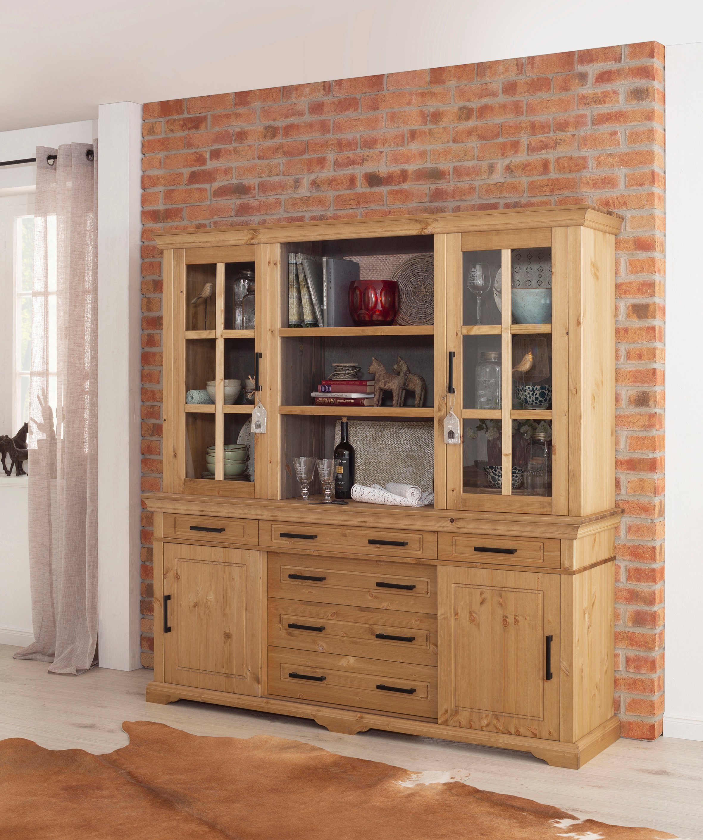 OTTO home Buffet Anabel, mit Glastüren und Metallgriffen Buffet aus massiver Kiefer, FSC®, mit Schiebetüren, B/H 186/190 cm