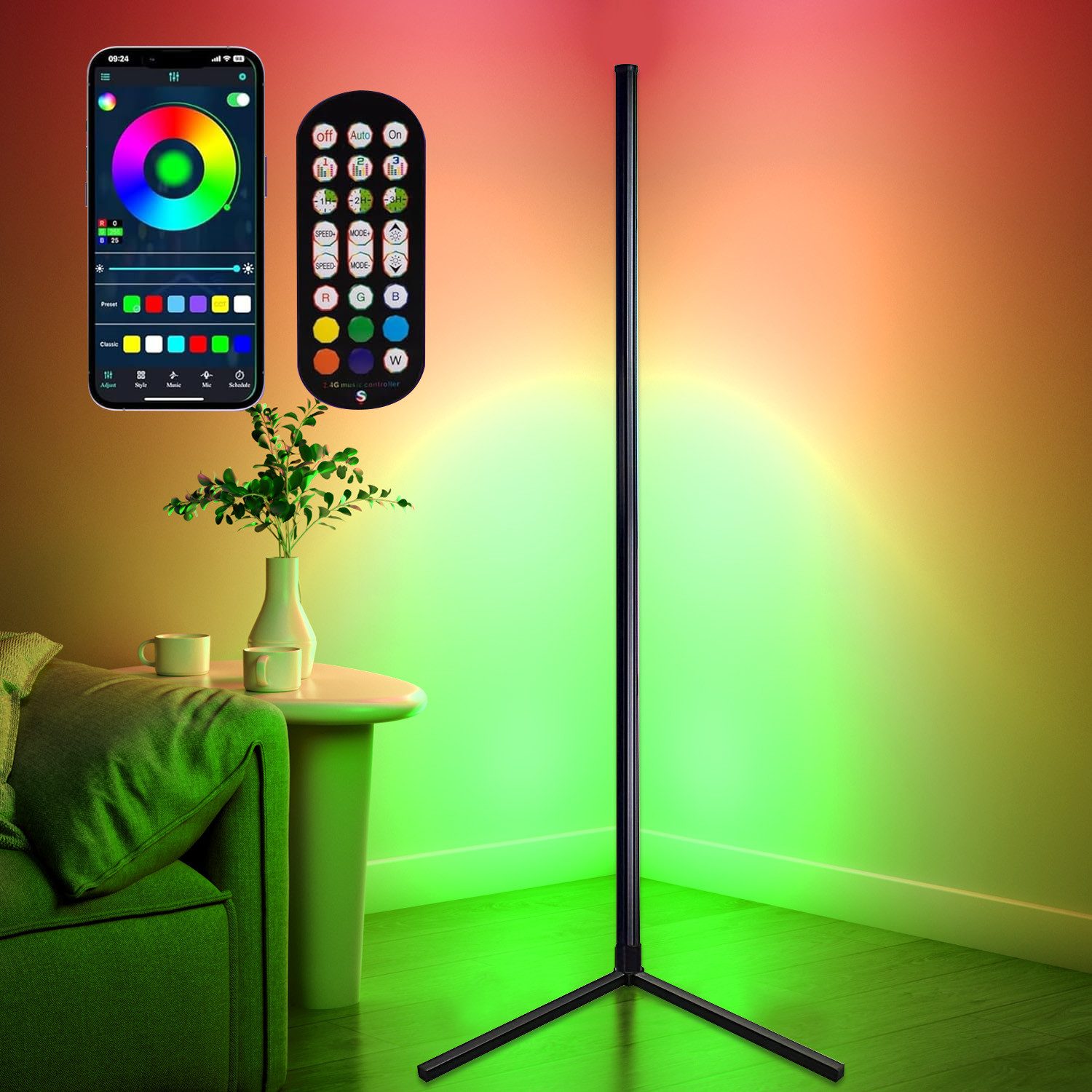LMaxhome LED Stehlampe Smart RGB Stehleuchte Eckleuchte Musik Sync App Fernbedienung Timer, 125cm, LED fest integriert, RGB, 3000K-6500K Smart Tageslicht für Schlafzimmer Wohnzimmer Küche