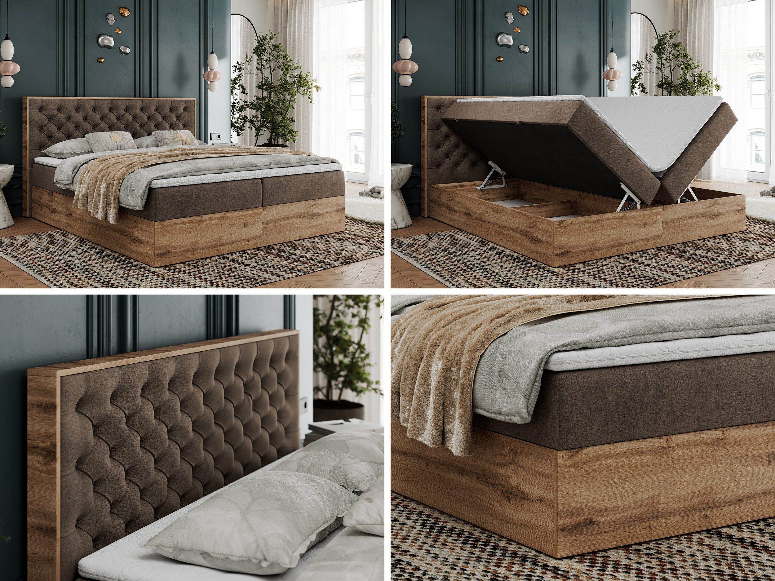 MKS MÖBEL Boxspringbett ALBERO 3 (Packung, Set, Topper T25/Visco, T30-Schaum, Stauraum, Zwei Bettkästen, Matratzen), Multipocket-Matratze, Doppelbett, mit Möbelplatten, mit Kopfstütze