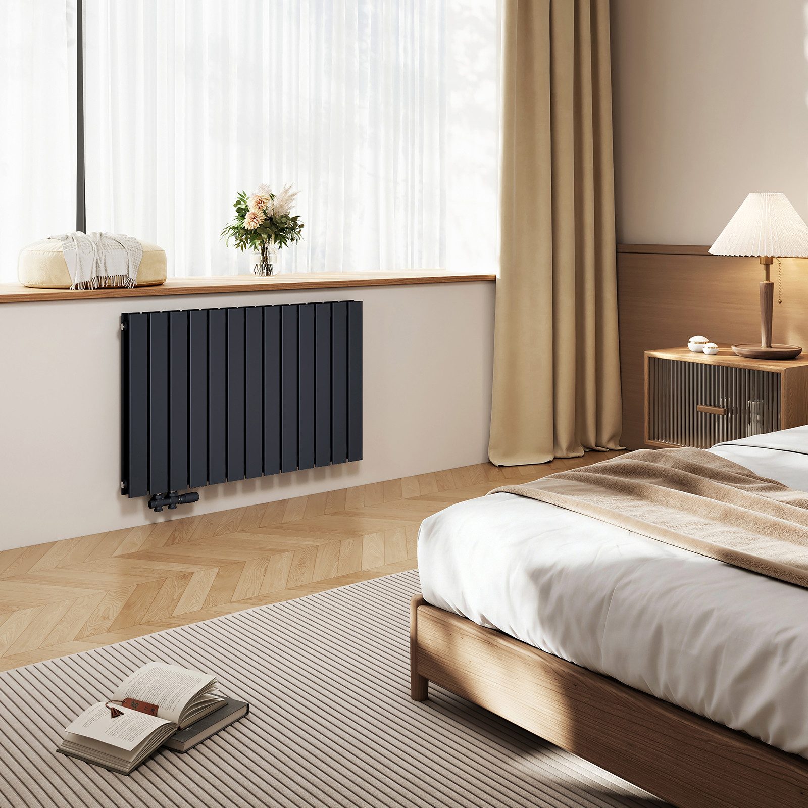 EMKE Heizkörper Doppellagig Flach Horizontal Design Paneelheizkörper, Seitenanschluss Anthrazit 1308W für 12 qm Raum