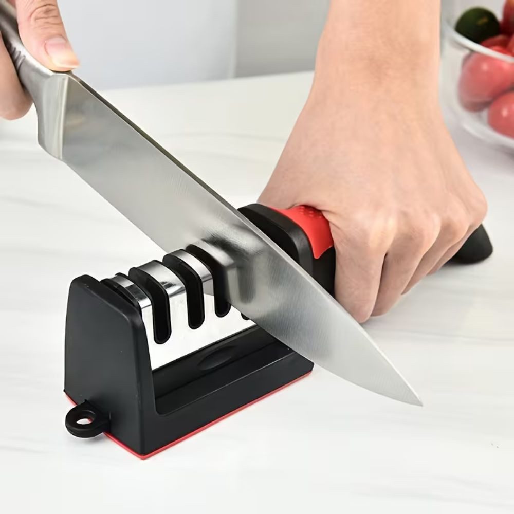LIVINO Messerschärfer 4-Stufen Messerschärfer für Küchenmesser und Scheren rutschfest, 4-Stufen Schleifsystem, rutschfeste Basis, ergonomischer Griff