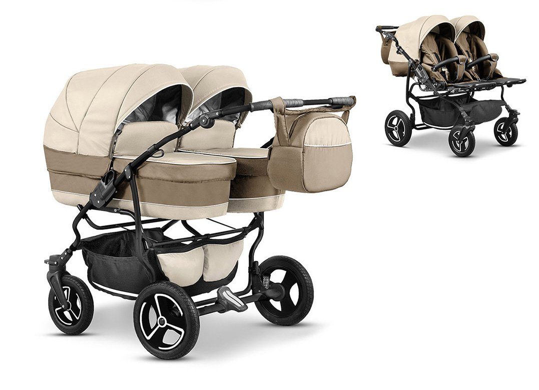 Elcar Zwillings-Kombikinderwagen Zwillingskinderwagen 2 in 1 Duet Lux - 10 Teile - in 17 Farben Sand-Beige