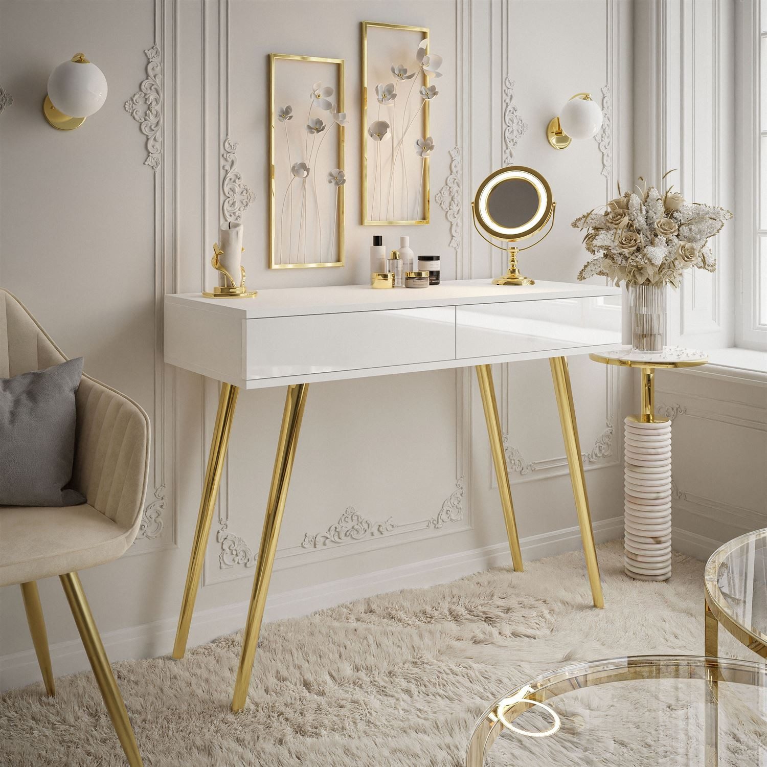 Lookway Konsolentisch SIENNA GOLD, Konsole mit Schubladen auf goldenen Bein günstig online kaufen