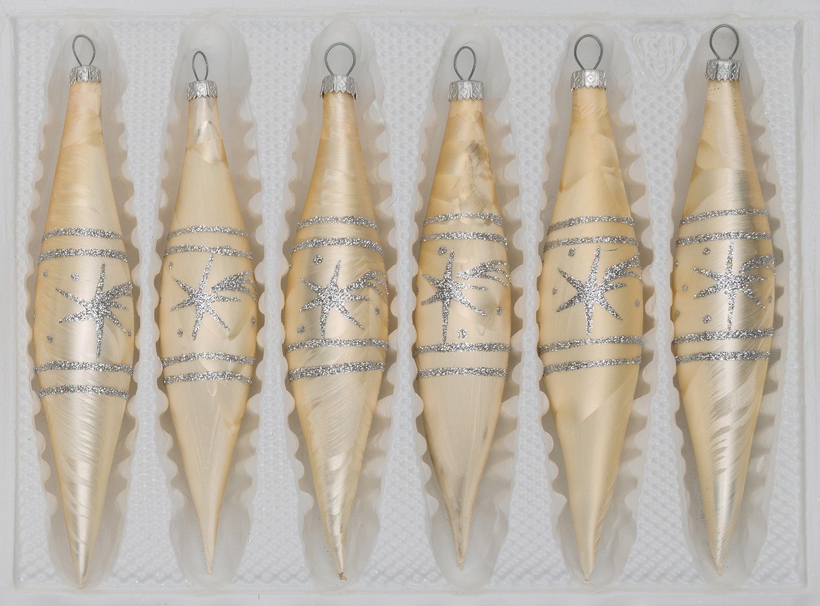 Christbaumschmuck 6 tlg. Glas-Zapfen Set in "Ice Champagner Silber" Komet
