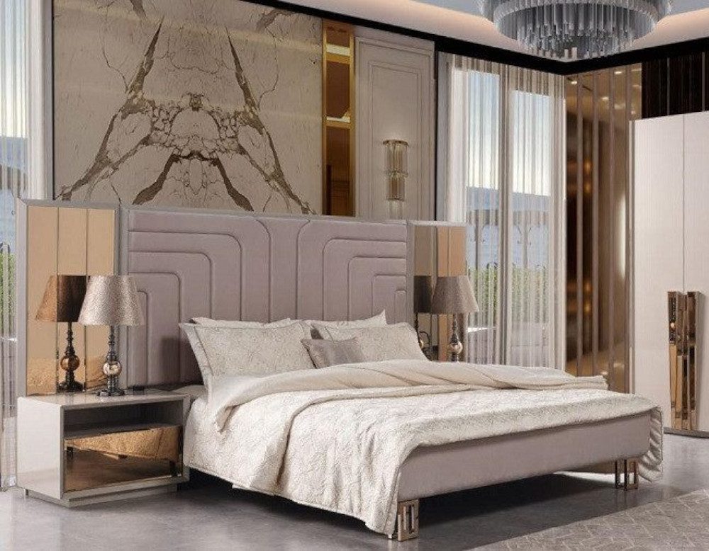 Schlafzimmer-Set Beiges Bettgestell aus Holz mit Nachttisch und Kommode