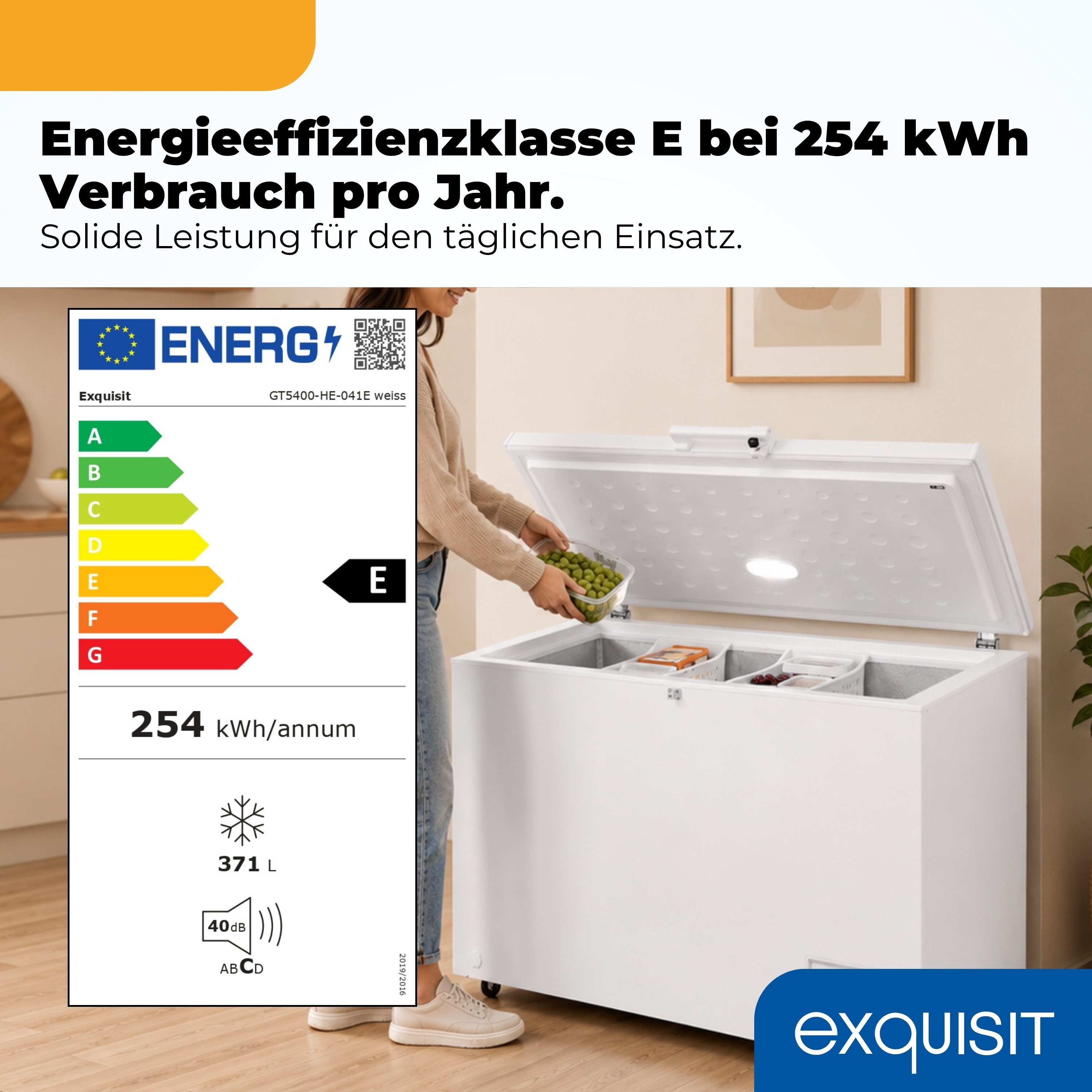 exquisit Gefriertruhe GT5400-HE-041E, 130 cm breit, 371 l, 371 l Nutzinhalt, 4 Sternefach, 18,0 kg, 39 dB