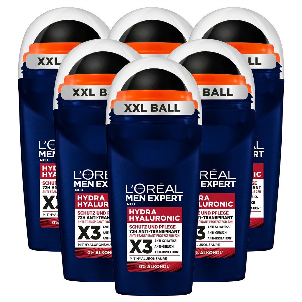 L'ORÉAL PARIS MEN EXPERT Deo-Roller HYDRA HYALURONIC ANTI-TRANSPIRANT ROLL ON, Packung, 6-tlg.