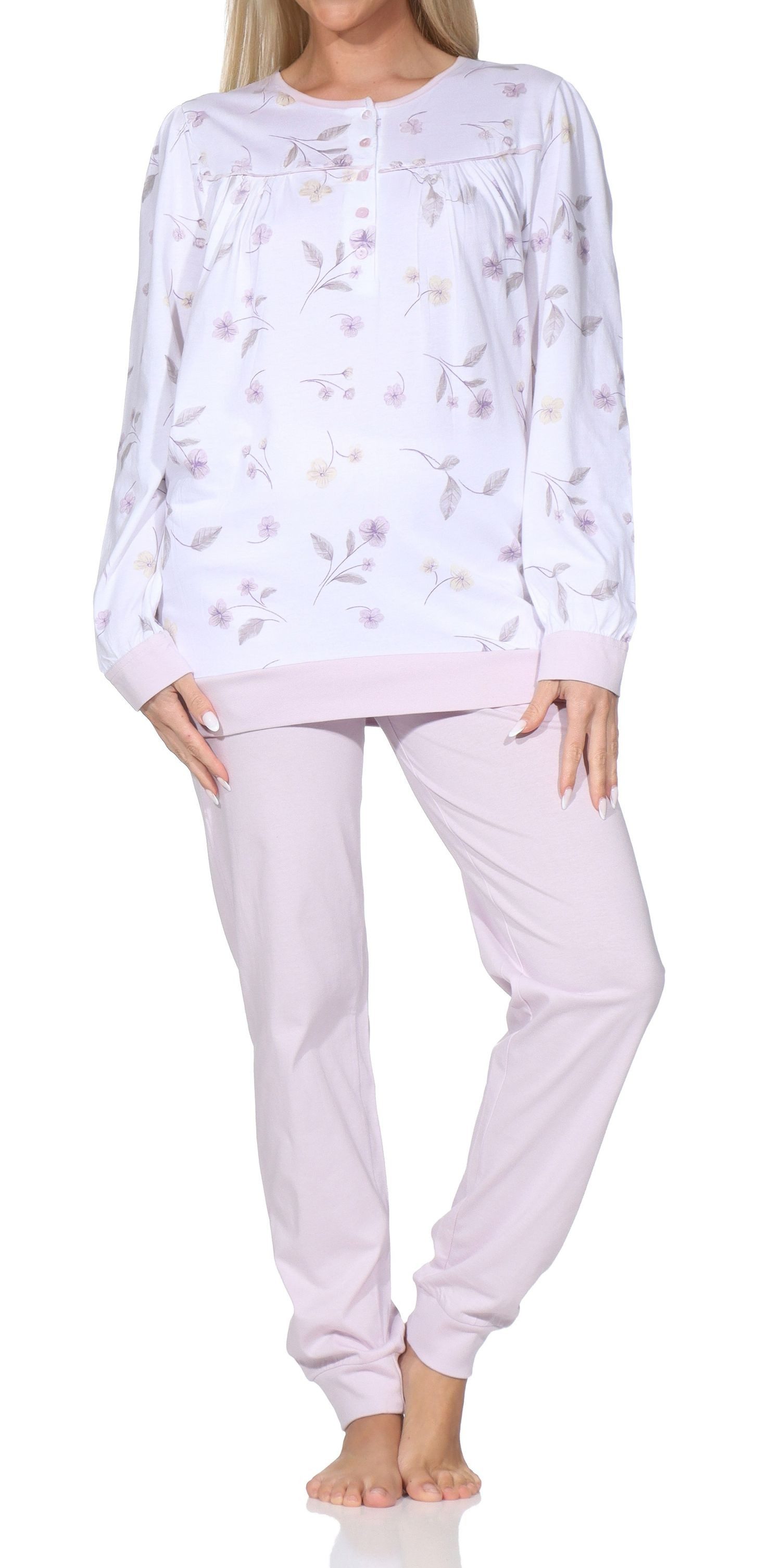 Normann Pyjama Damen fraulicher Langarm Schlafanzug mit Bündchen im klassischen Look