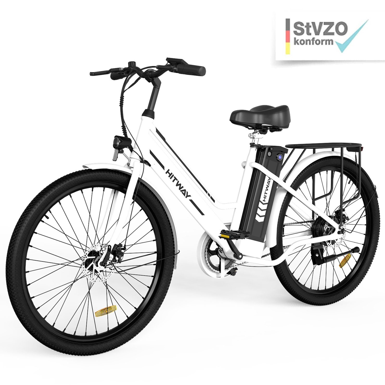 E-Fahrrad Zoll weiss-StvZO 25km/h,35-70KM, E-Bike Batterieladegerät/ Pumpe/Fahrradschloss Damen Herren Heckmotor, 8.4AH für 36V HITWAY 26