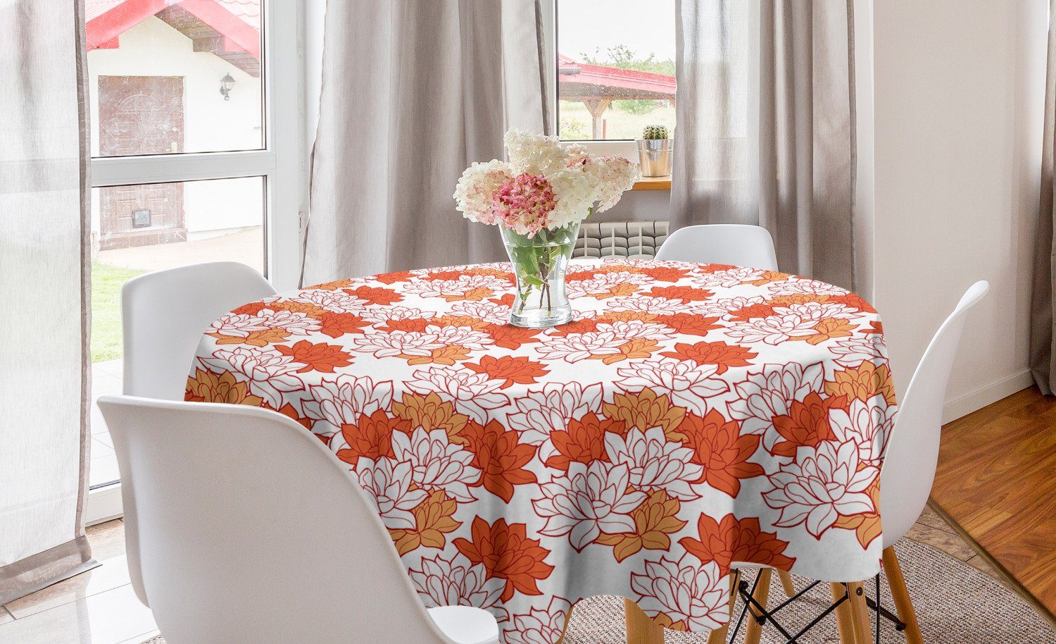 Abakuhaus Tischdecke Kreis Tischdecke Abdeckung für Esszimmer Küche Dekoration, Orange Blooming Lotus Leaves