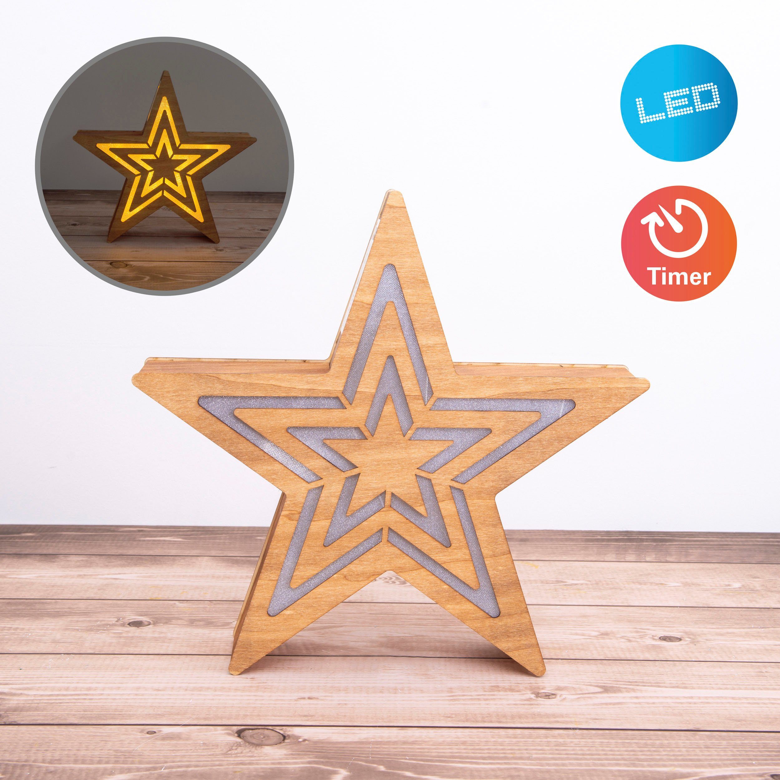 näve LED Stern Weihnachtsdeko aus Holz, Timerfunktion, LED fest integriert, Warmweiß, LED Dekoobjekt aus Holz, inkl. Timer, Höhe ca. 23 cm, Batteriebetrieb