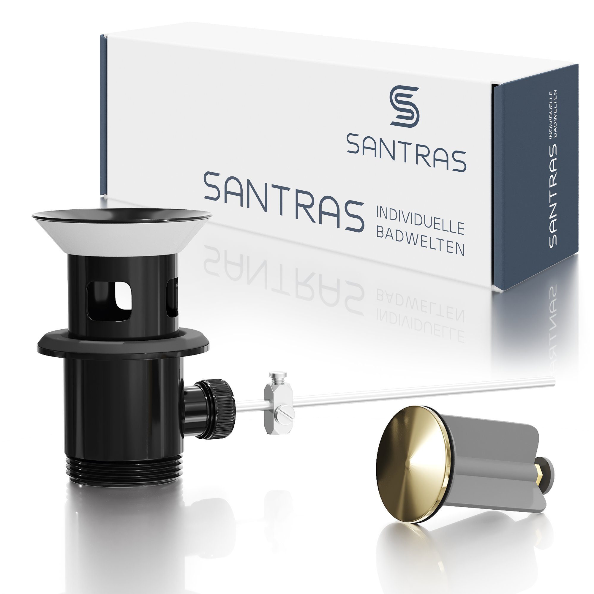 Santras Ablaufgarnitur für Armatur mit Zugstange (Exzenter) in Schwarz / Edelmessing