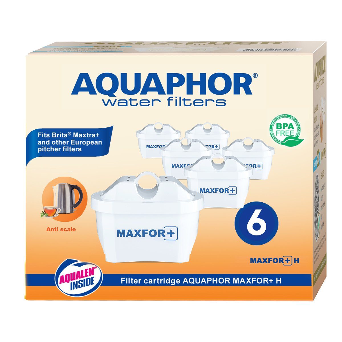 AQUAPHOR Kalk- und Wasserfilter MAXFOR+ H hartes Wasser, Pack 6 - gegen Kalk, Chlor, Schwermetalle, Zubehör für den AQUAPHOR Modellen Onyx, Jasper, Amethyst, Glaskanne und mit Tischwasserfiltern anderer Hersteller., AQUALEN Technologie. Bis zum 200 L. Kapazität., BPA frei.