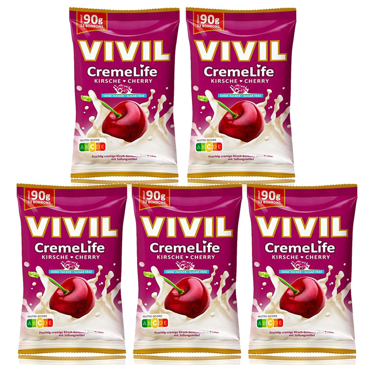 VIVIL Süßigkeit, Vivil Creme Life Kirsche fruchtige Bonbons zuckerfrei 90g 5er Pack