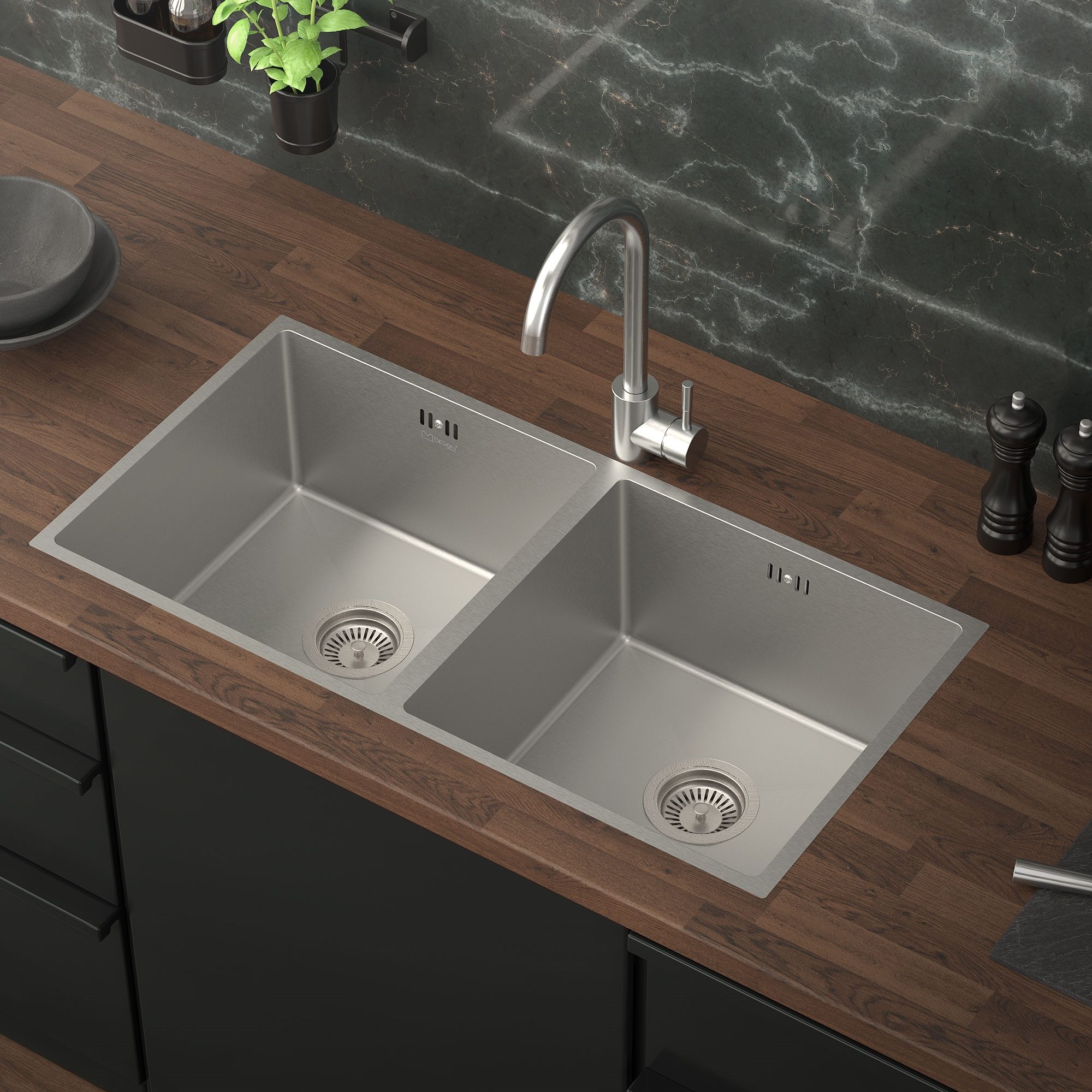 ML-DESIGN Küchenspüle Doppelspülbecken aus Edelstahl mit Ablaufgarnitur Waschbecken Küche, 81.5/40 cm, Doppelbecken Silber rechteckig Einbauspüle Unterbauspüle mit Siphon