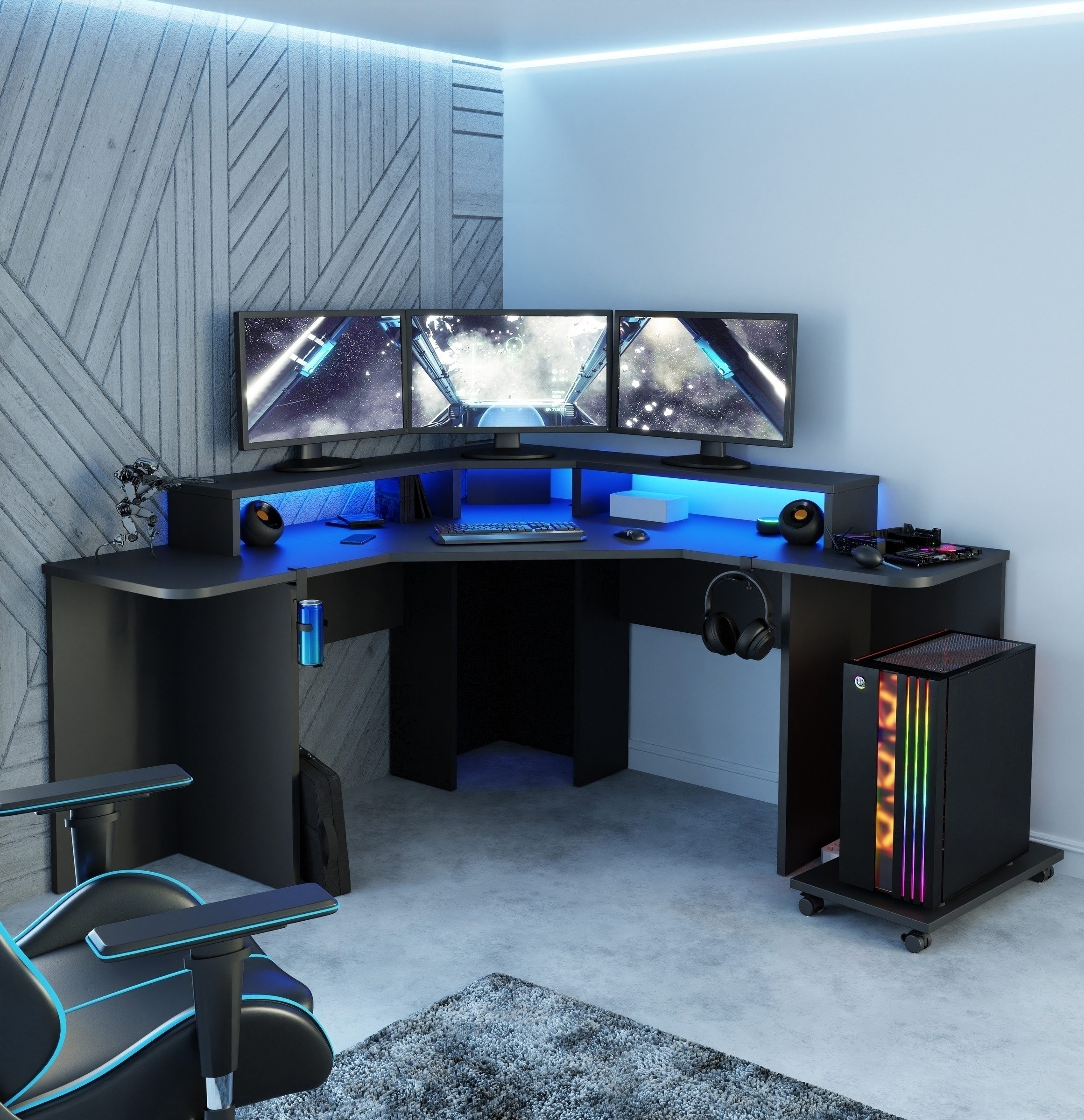 freiraum Eckschreibtisch TEZAUR, Gamingtisch, LED-Wechselbeleuchtung, schwarz - 160x91,1x160cm (B/H/T)