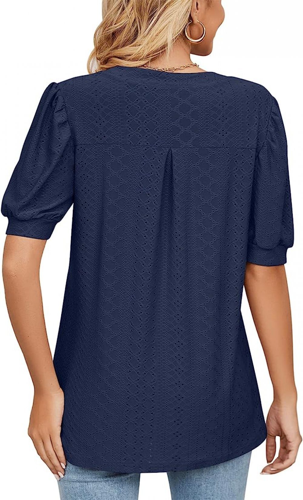 Navy Einfarbiges V-Shirt carefully Puffärmeln und hohlen selected T-Shirt mit blau V-Ausschnitt