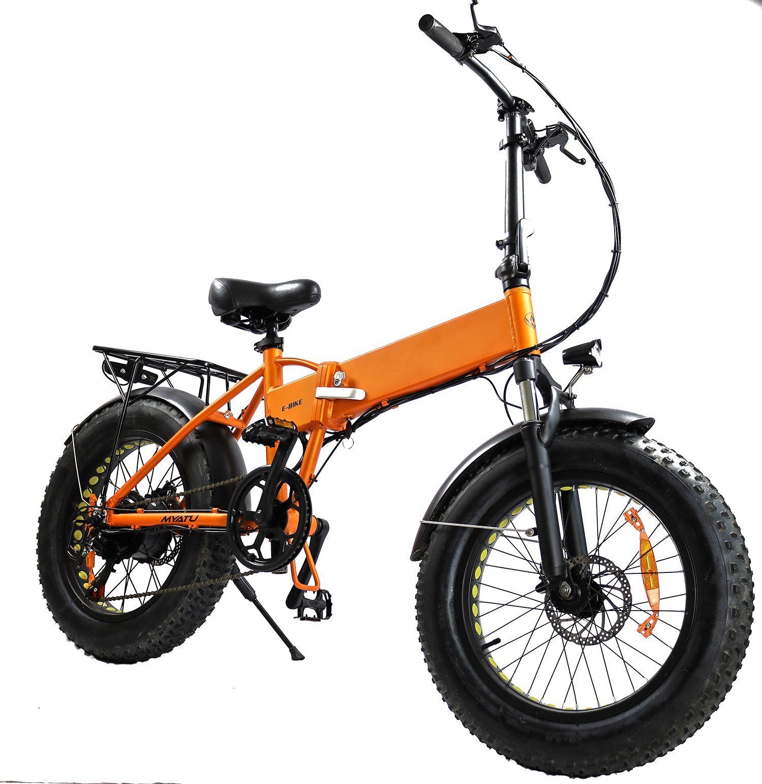 Myatu E-Bike Fatbike 20 Zoll 500 Wh faltbar 250W orange, 6 Gang Shimano, Heckmotor, 500 Wh Akku