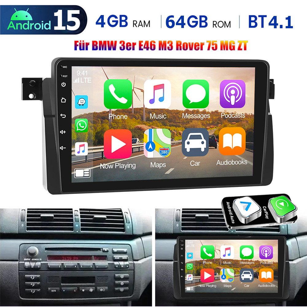 ESSGOO 9" Android 15 Autoradio für BMW 3er E46 1998–2006 Wireless CarPlay GPS Autoradio (RDS, 4+128GB(optional), 4+64GB(optional), Digitalradio (DAB), FM, AM, SWC, Carplay Android Auto Bluetooth EQ USB GPS Navi WIFI Touchscreen)