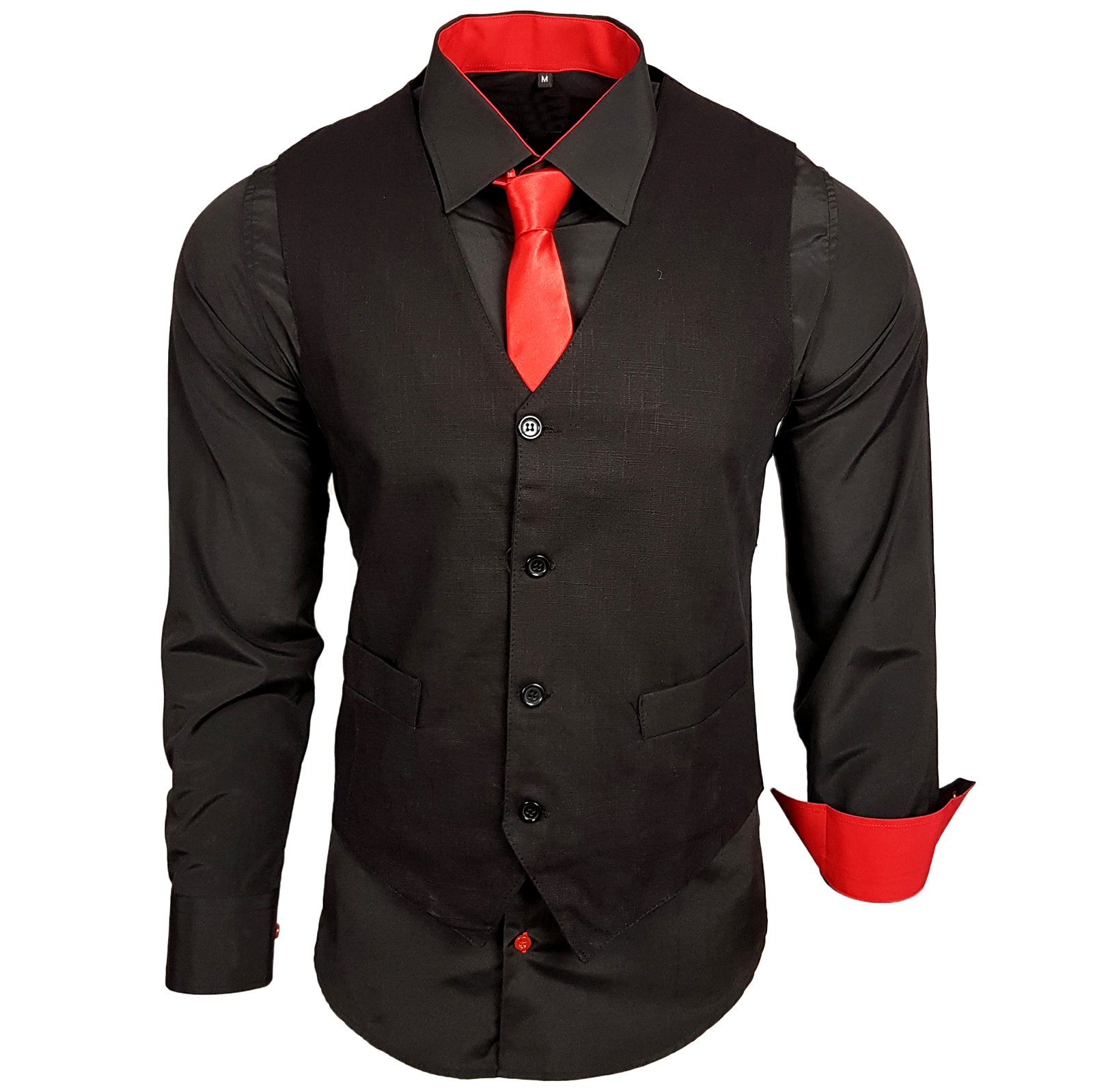 Baxboy Langarmhemd Baxboy Langarmhemd Herren Hemd Weste Krawatte 3-teilig Set 444-HWKR