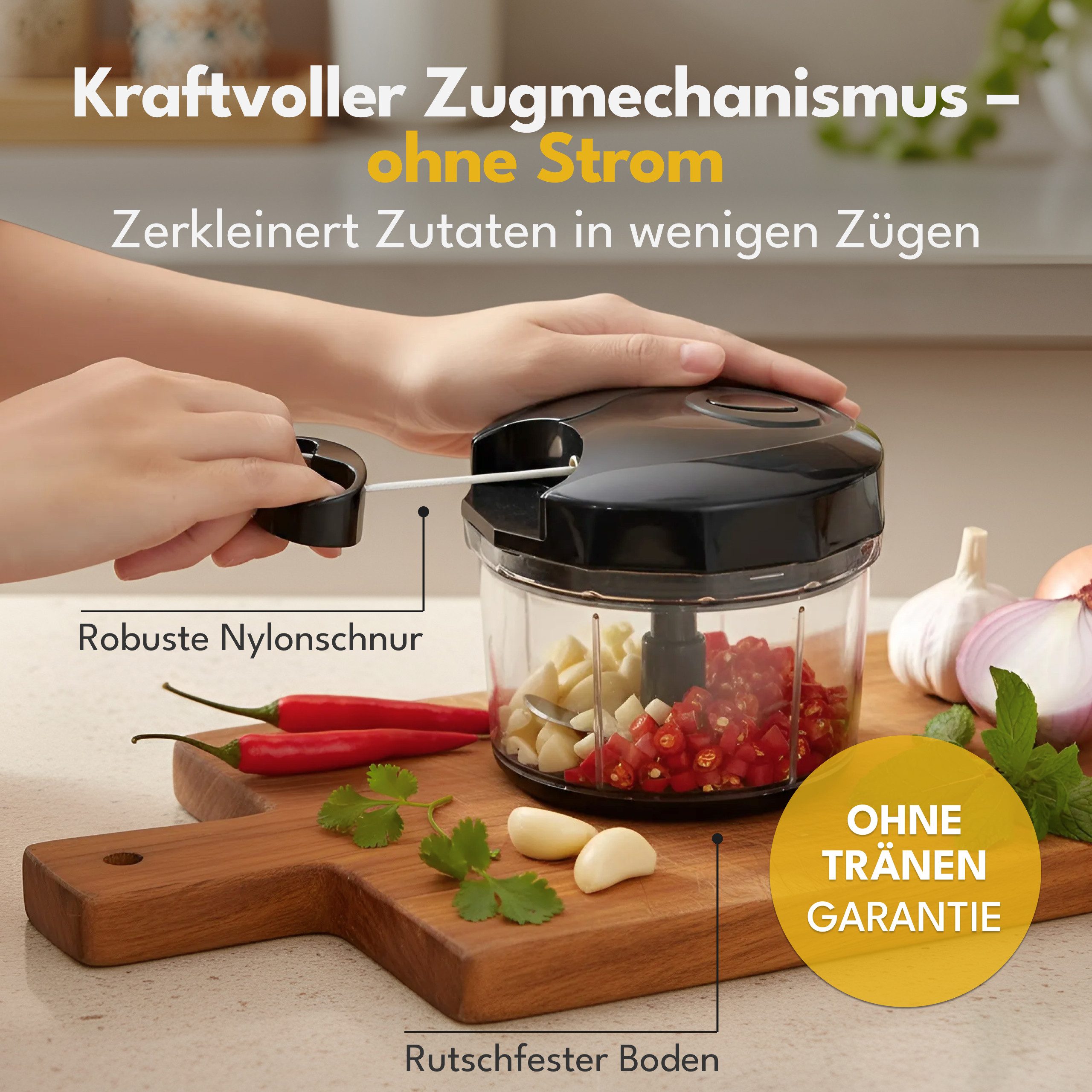 Lebenlang Zerkleinerer, manueller Zwiebelschneider & Multizerkleinerer, Gemüse & Knoblauch, 0 W, Edelstahlklingen I Spülmaschinengeeignet I BPA-frei IRutschfeste Basis