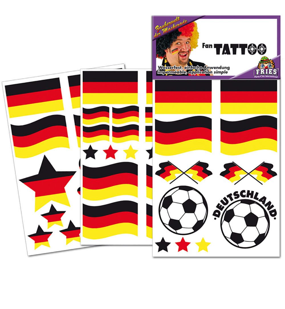 Fries Schmuck-Tattoo 1 Bogen Haut Tattoo Aufkleber Wasserfest EM Fußball Schwarz Rot Gold, 1-tlg.