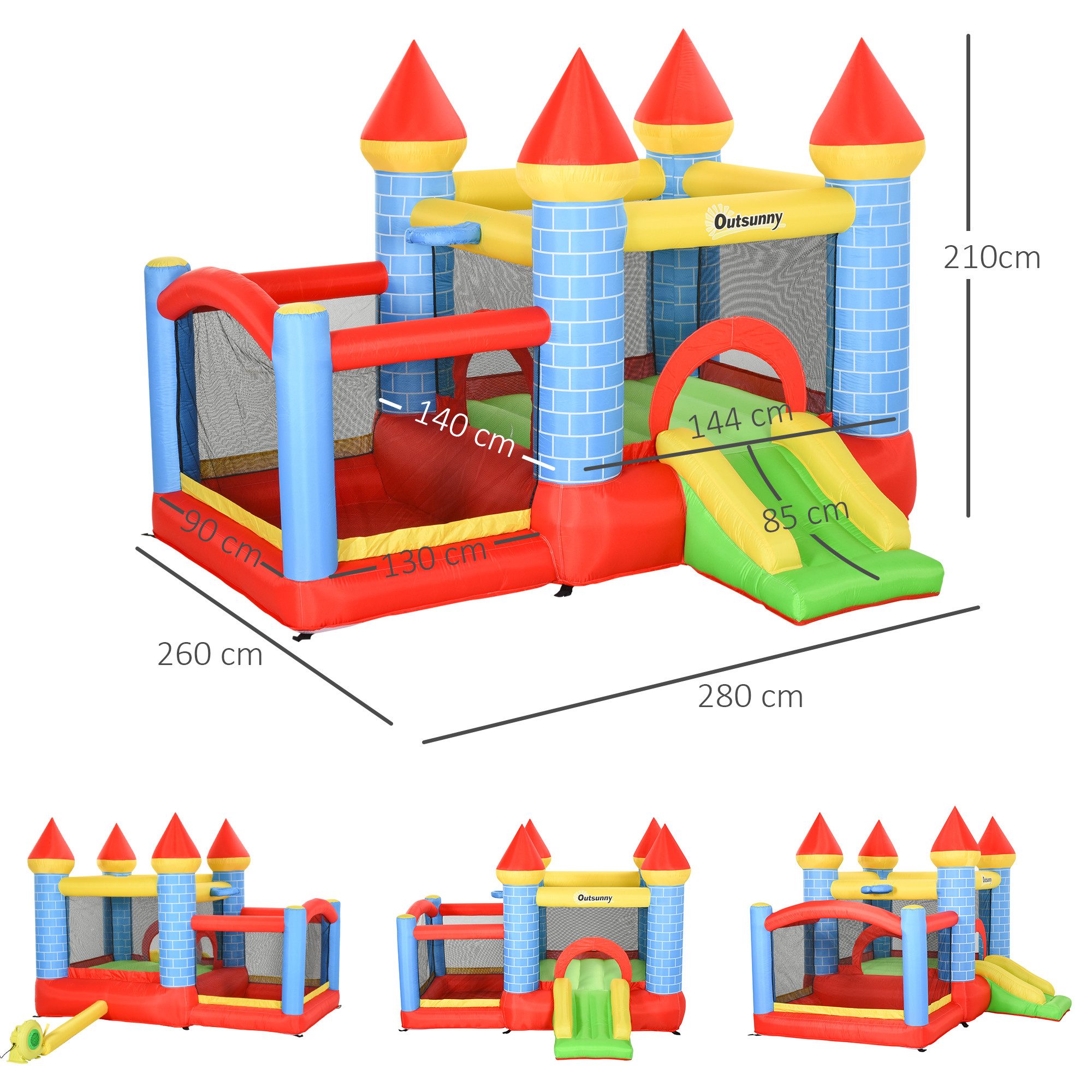 Outsunny Hüpfburg Aufblasbare Kinderhüpfburg mit Gebläse, Rutsche, 280x260x210cm, (Spielburg, 1-tlg., Springburg), für Außenbereich, Rot+Blau+Grün