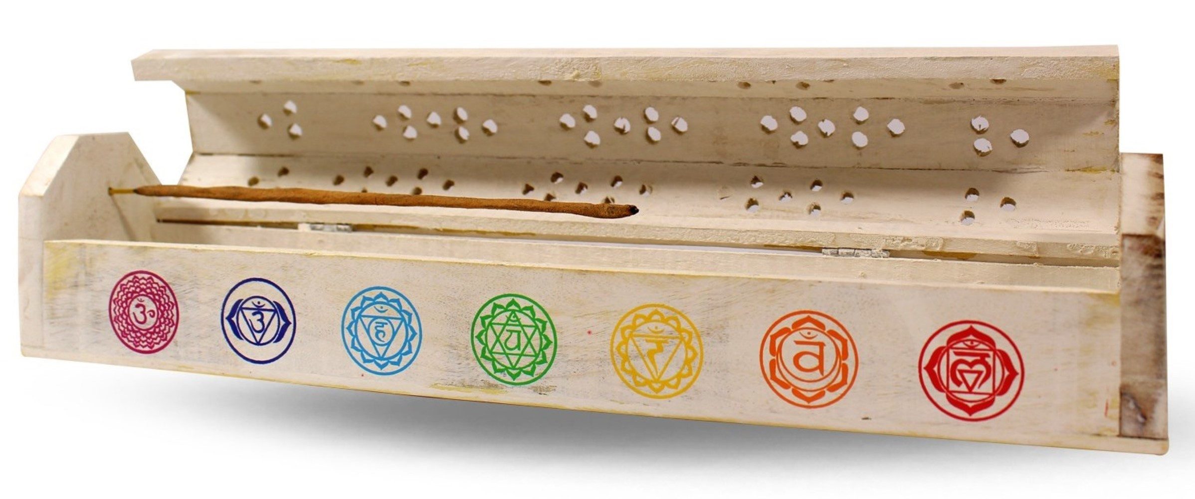 Green Tree Räucherstäbchen-Halter Räucherstäbchenhalter India Truhe "7 Chakren" Holz weiß 30x6cm