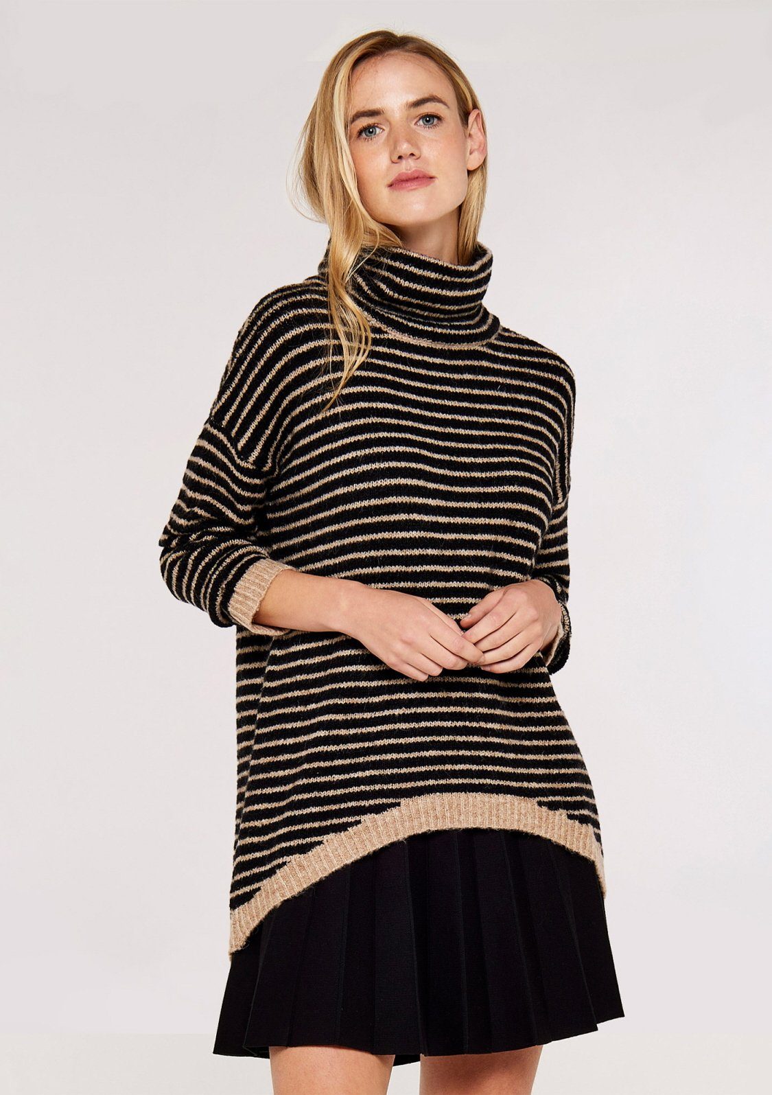 mit Jumper High (1-tlg) Streifen schwarz Neck Apricot Boucle Stripe Rollkragenpullover camelfarben