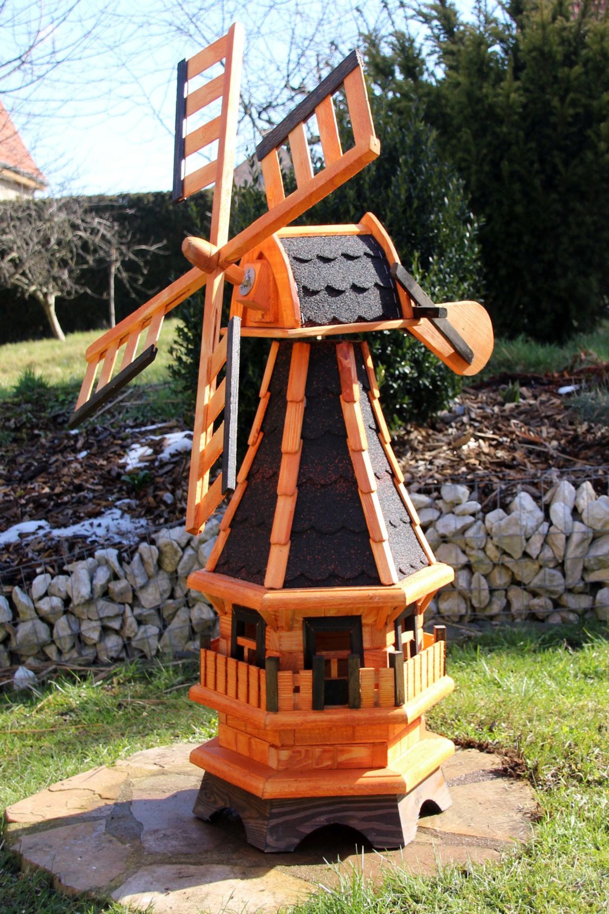 Holzdekoladen Deko-Windrad Gartenwindmühle Holz mit Solarlicht Weiß – drehbare Flügel 99 cm