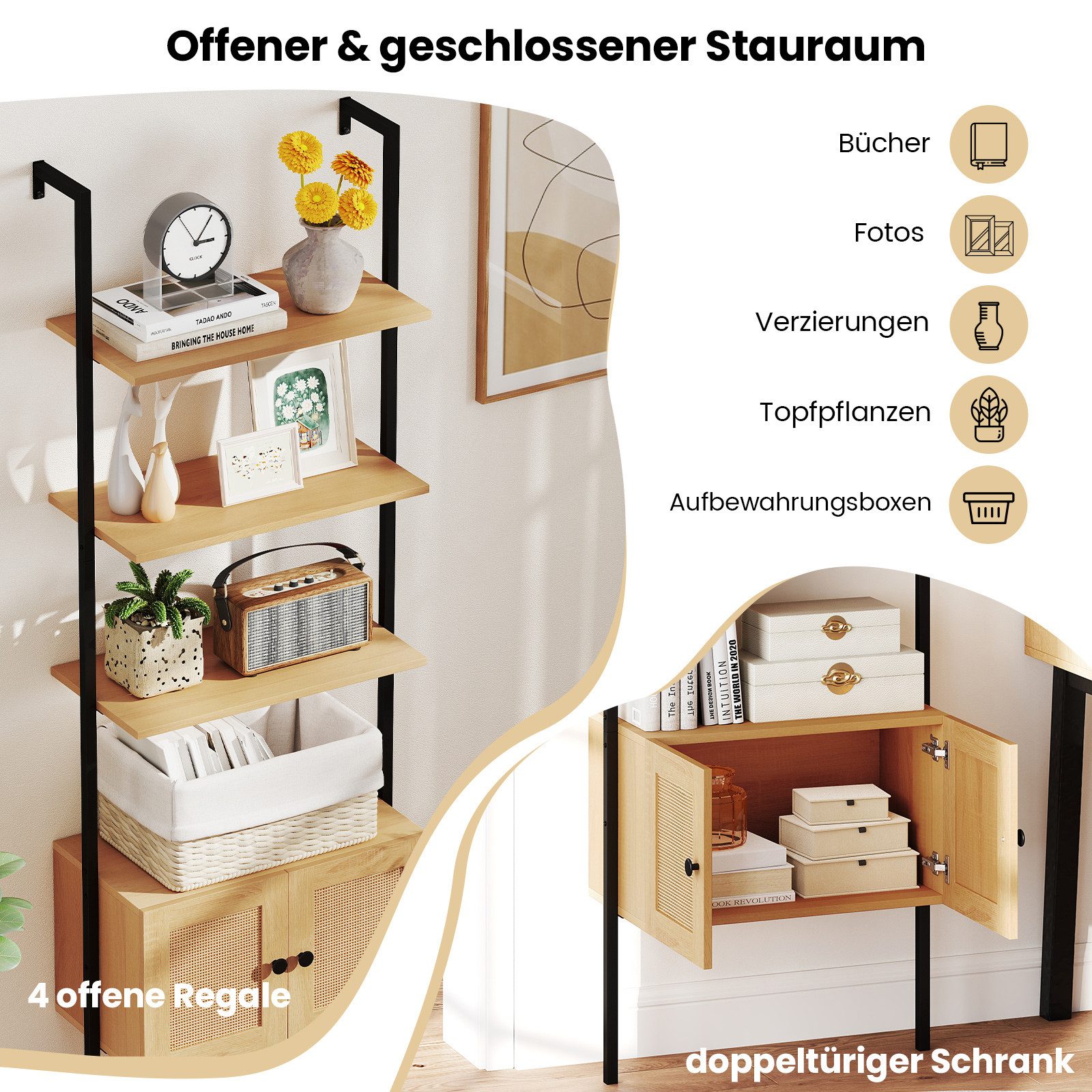 COSTWAY Bücherregal, 5-stöckiges Leiterregal mit Schrank, Wandmontage, Metall
