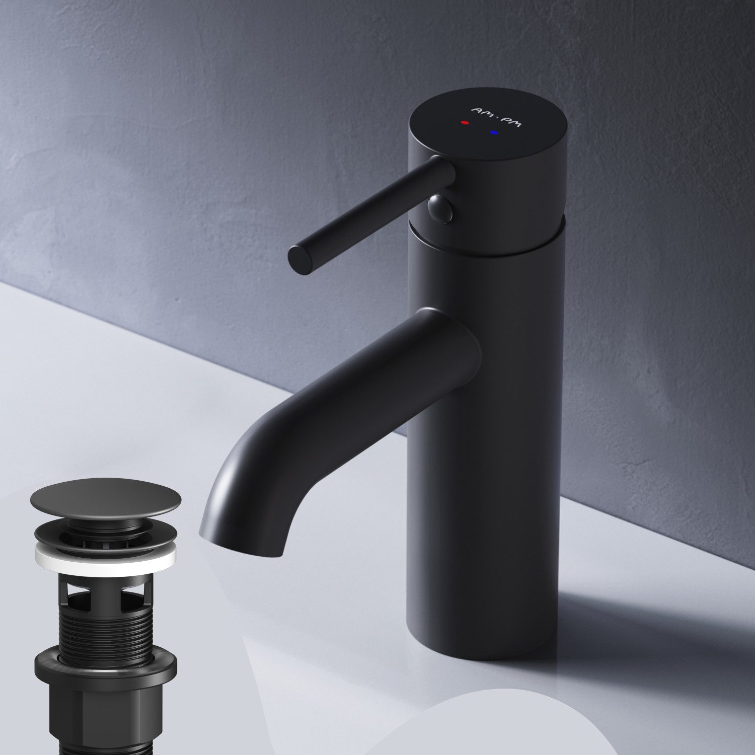 AM.PM Waschtischarmatur SPIKE Waschbeckenarmatur Klick-Ablaufgarnitur Badarmatur Wasserhahn (Waschbecken Mischarmatur Einhebelmischer, Mischbatterie inkl. 2 x G 3/8-Anschluss Schwarz) Bad Armatur: Einhebelmischer für warmes und kaltes Wasser