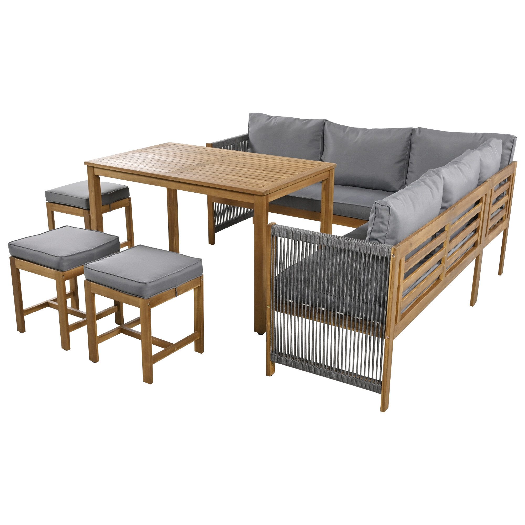 KLAM HOME Garten-Essgruppe Gartenmöbel-Set aus Polyrattan und Akazienholz für 7–8 Personen, (Sofa: 2 Zweisitzer 1 Ecksofa 3 Hocker und 1 Tisch inklusive Kissen), Terrassenmöbel Ecksofa Lounge Balkon-Set Tisch- Stuhl-Set für outdoor