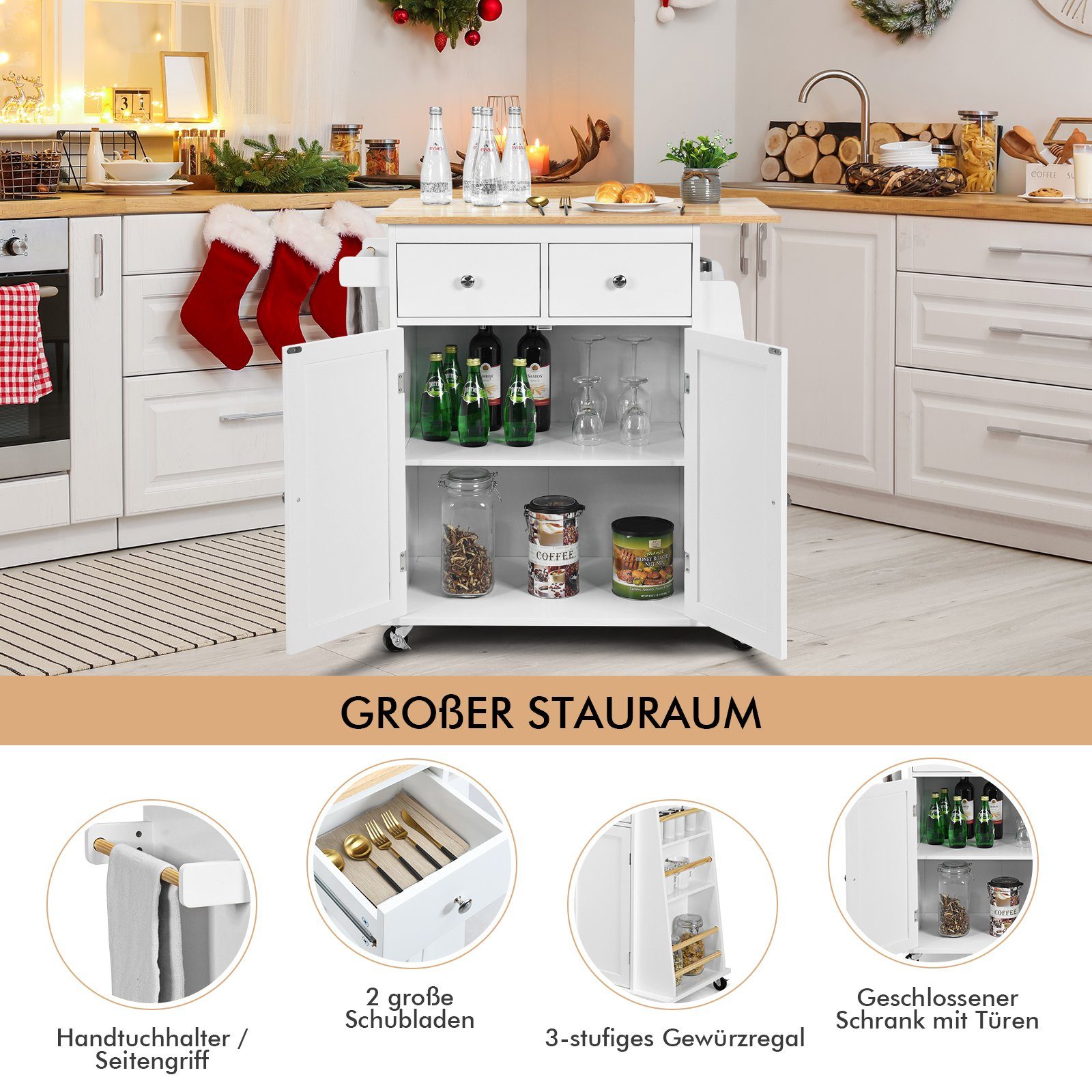 COSTWAY Küchenwagen, mit Arbeitsplatte, Schubladen & Gewürzregal, rollen günstig online kaufen