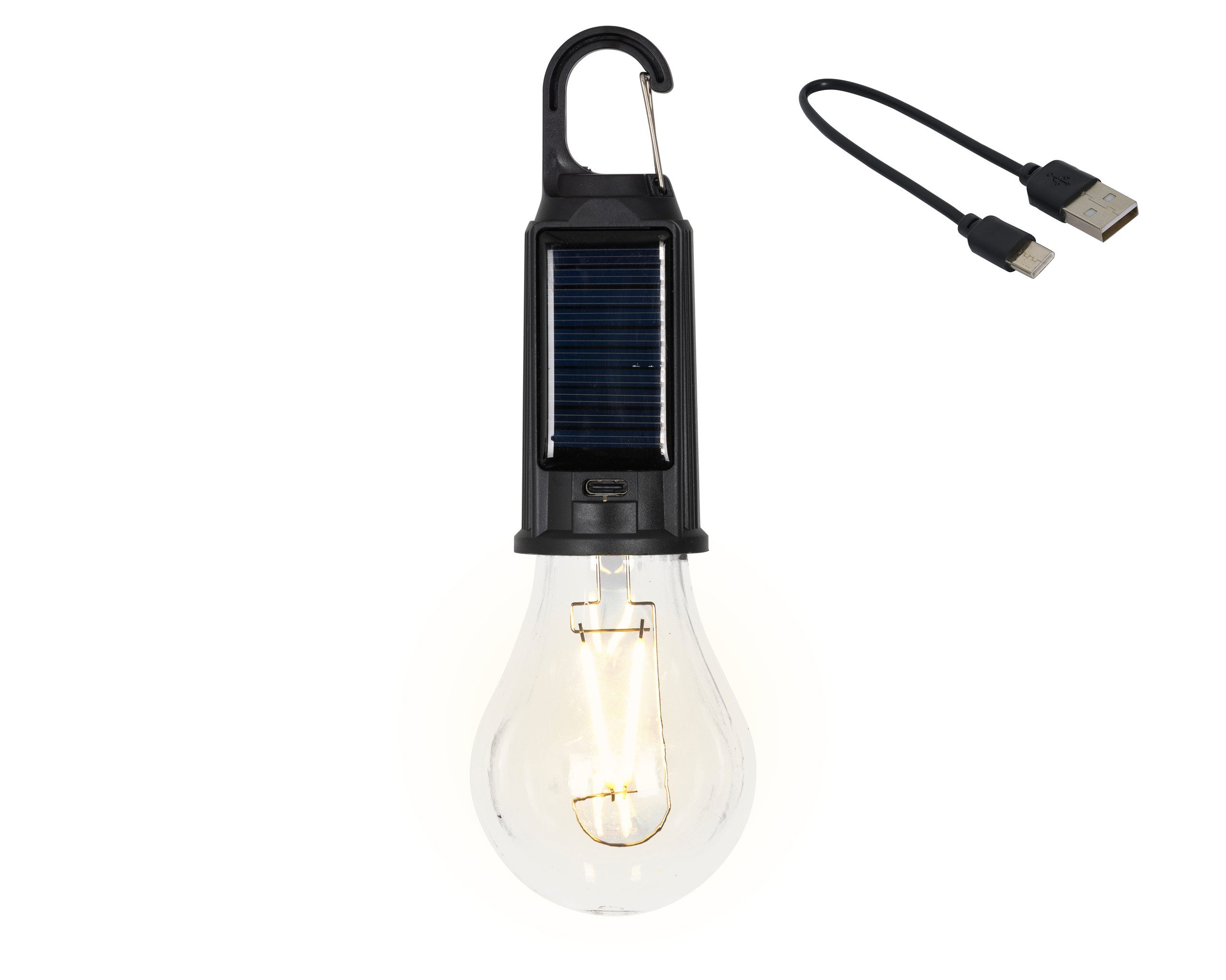 Lumineo LED Solarleuchte, Dauerlicht, warmweiß, Solar LED Glühbirne 6x18cm USB-C aufladbar Schwarz / Warmweiß dimmbar